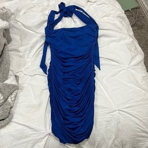 blue form fitting mini dress halter tie size medium from lucy in the sky